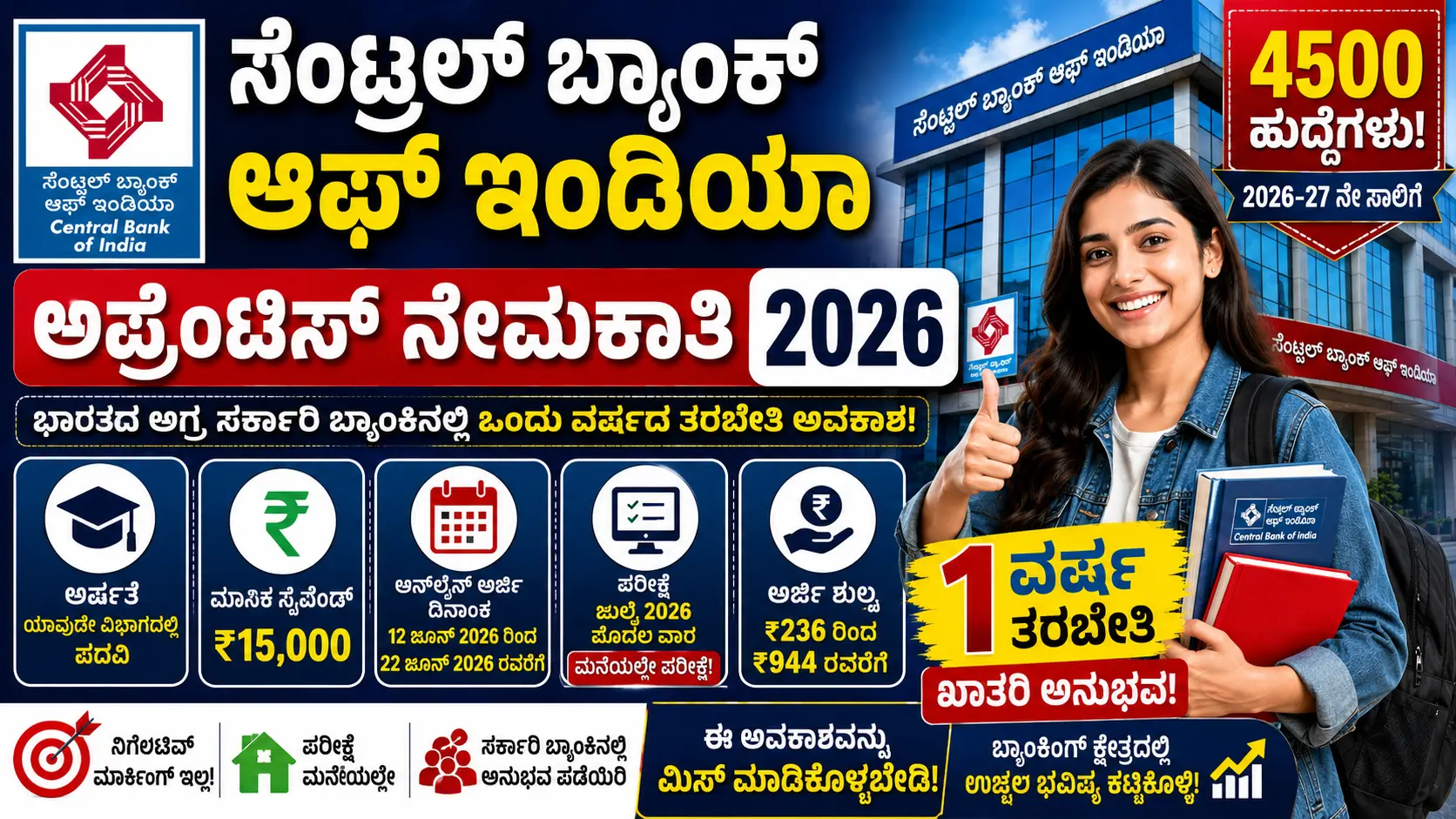 ಸೆಂಟ್ರಲ್ ಬ್ಯಾಂಕ್ ಆಫ್ ಇಂಡಿಯಾ ಅಪ್ರೆಂಟಿಸ್ ನೇಮಕಾತಿ 2026