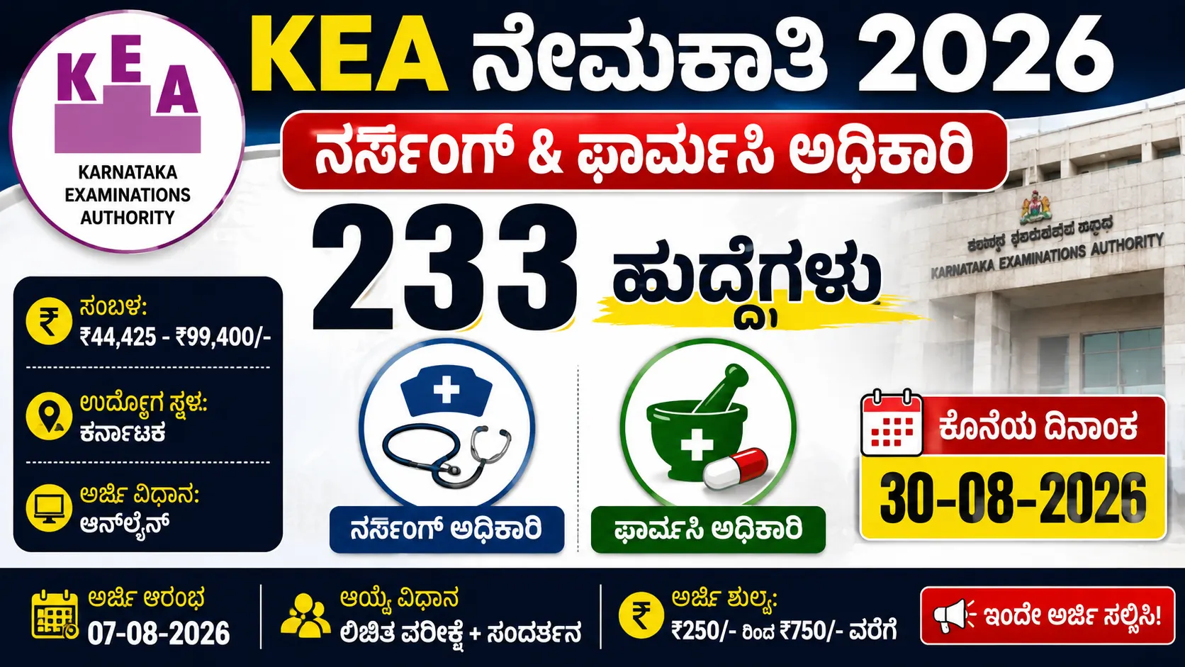 KEA ನರ್ಸಿಂಗ್ ಮತ್ತು ಫಾರ್ಮಸಿ ಆಫೀಸರ್ ನೇಮಕಾತಿ 2026
